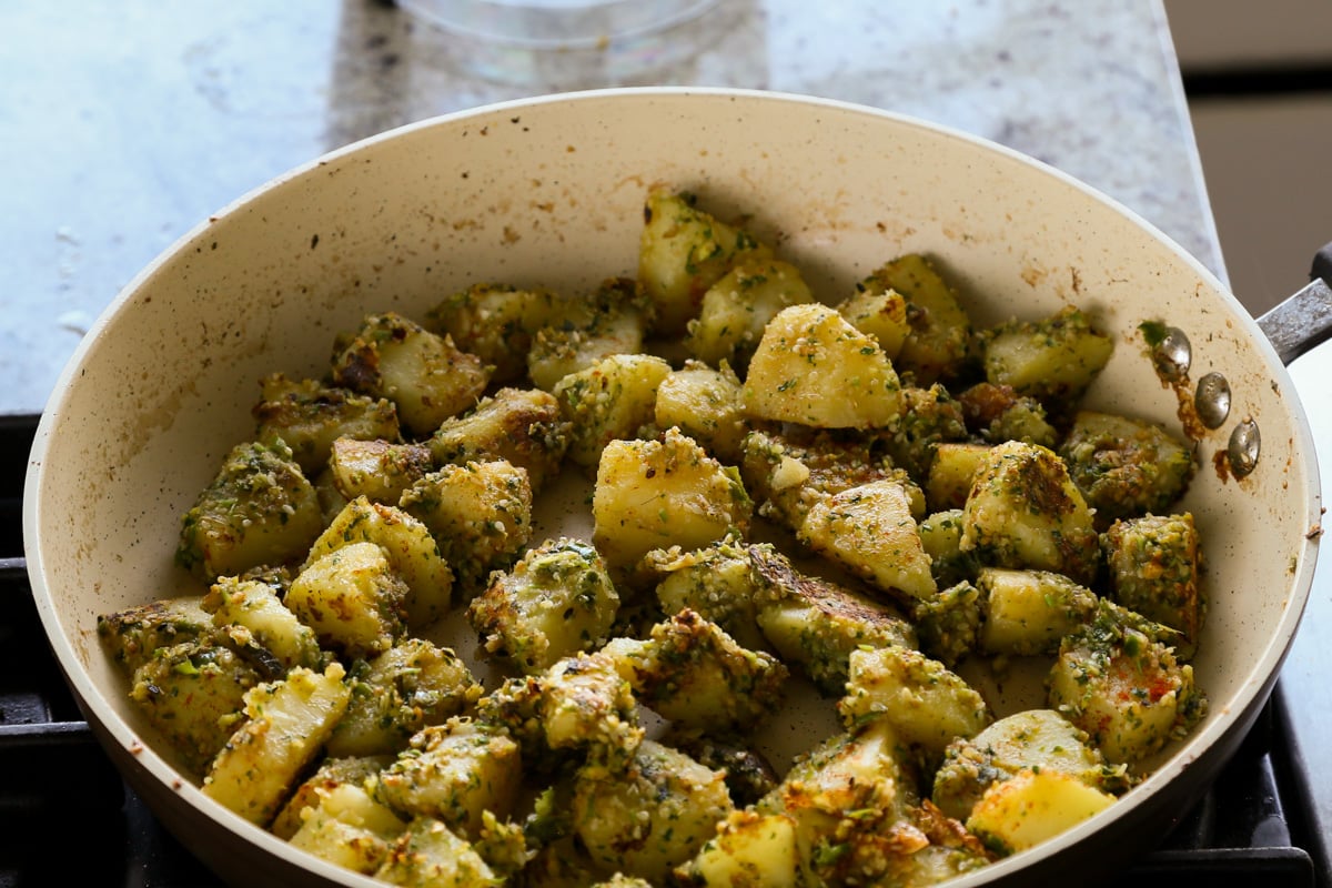 potatoes after tossing with the peanut sesame masala