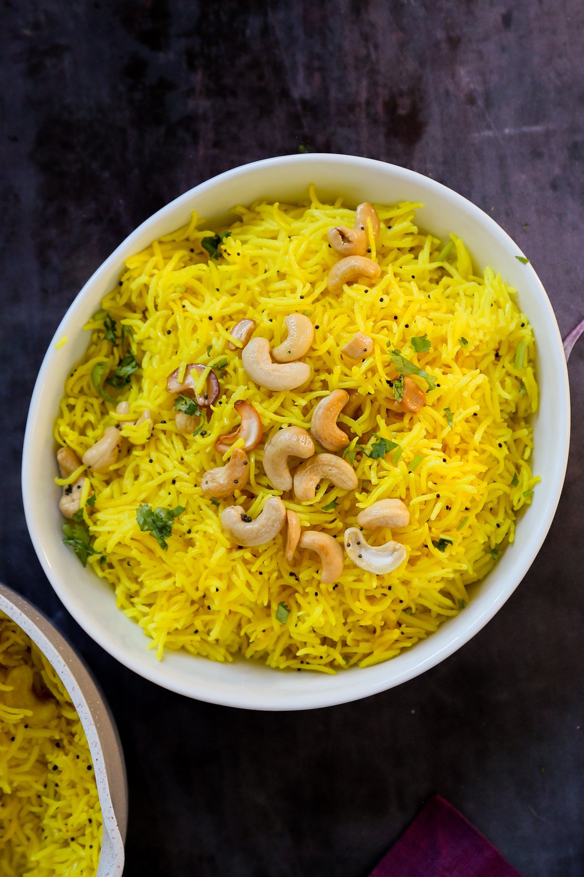 cashew turmeric rice in the serving bowl