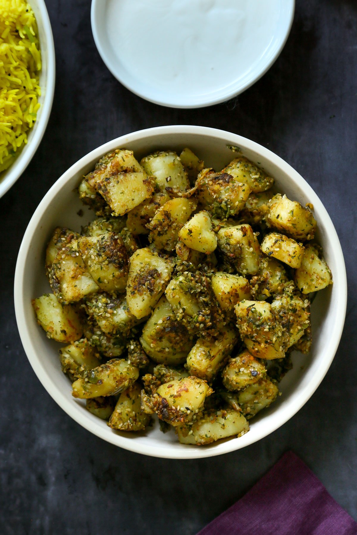 peanut sesame potatoes in a serving bowl