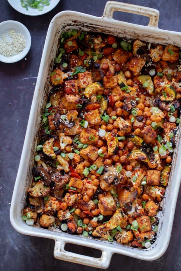 gochujang tofu and veggies in the pan after baking