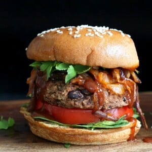 Grillable Veggie Burger. No Nuts. Easy Black Bean Burger with Veggies and spices. Pan fry, Bake or Grill. Serve with BBQ Sauce and other fix ins. Vegan Burger Recipe. Gluten-free option. Nut-free. Soy-free option | VeganRicha.com