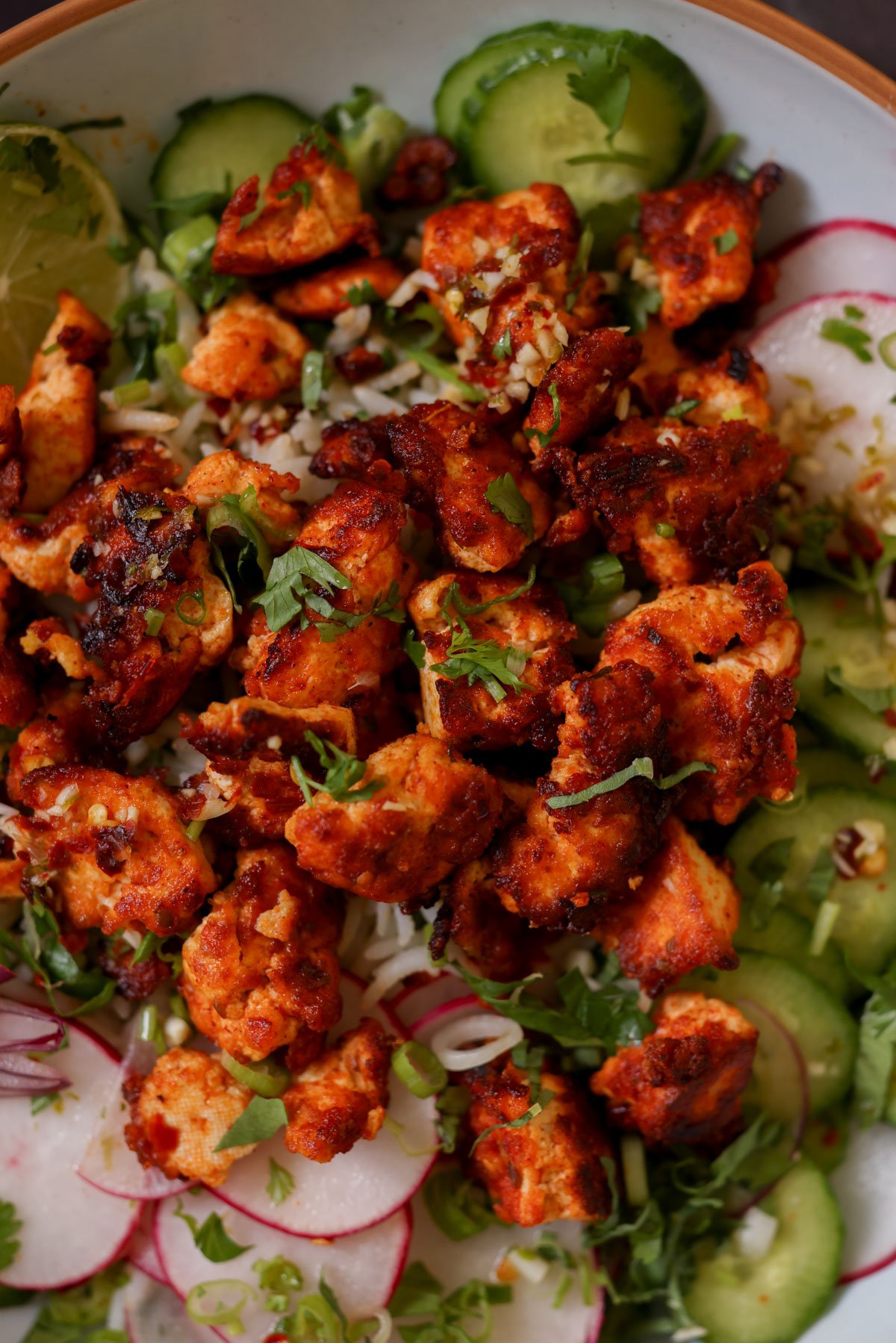 close-up of harissa tofu in the bowl