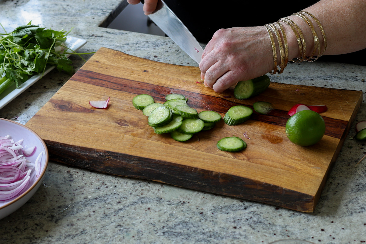 slicing the cucumber