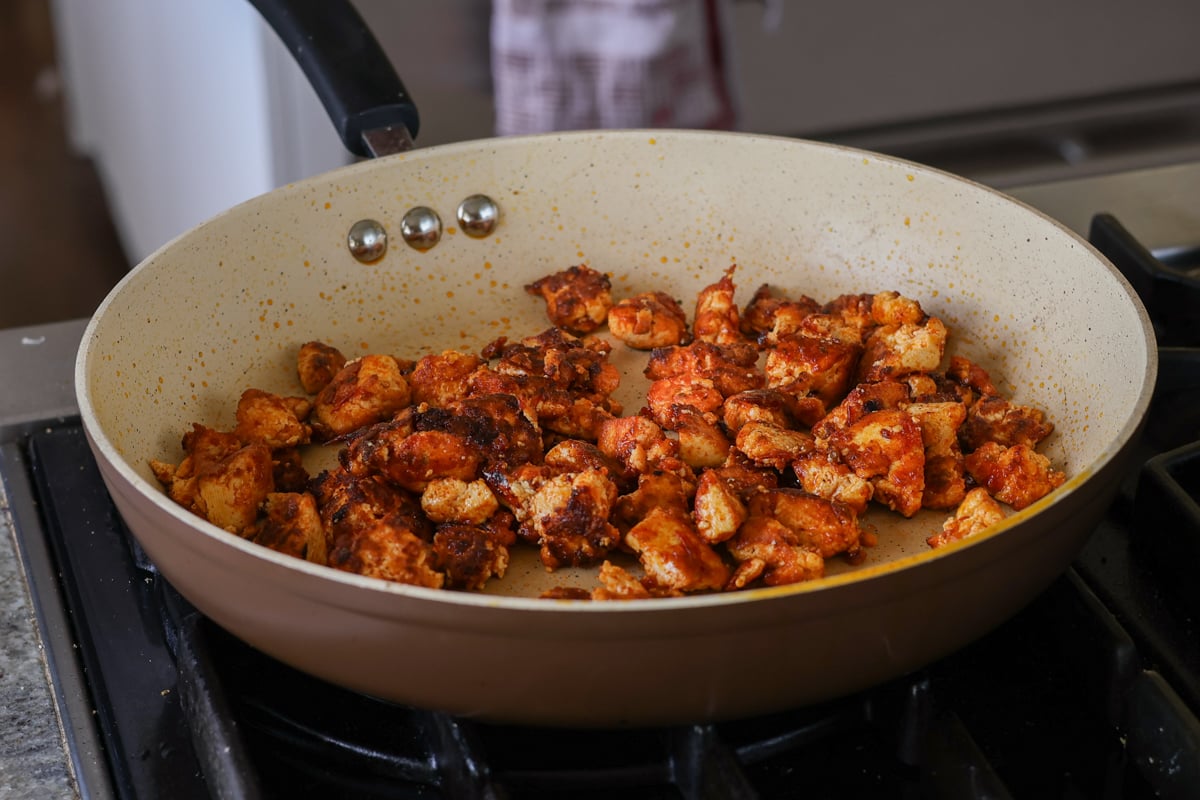 harissa tofu in the pan, after cooking