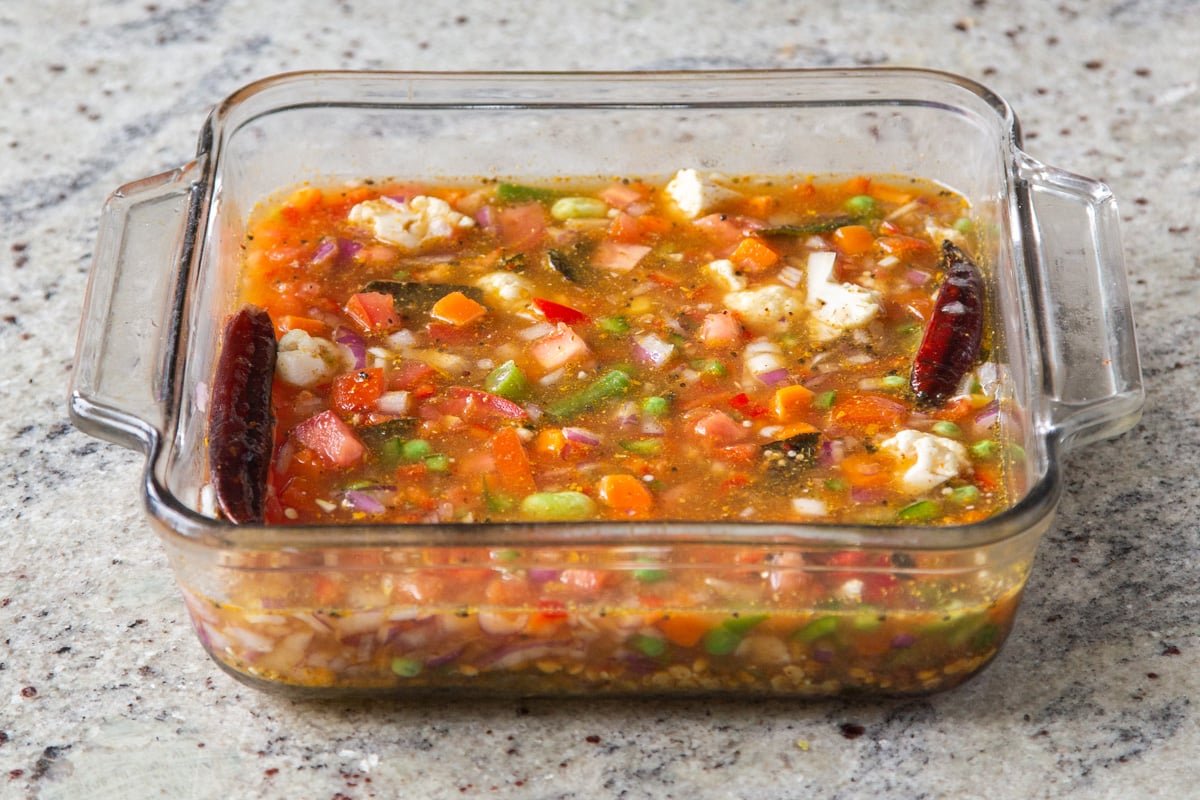 veggies in a glass casserole dish 