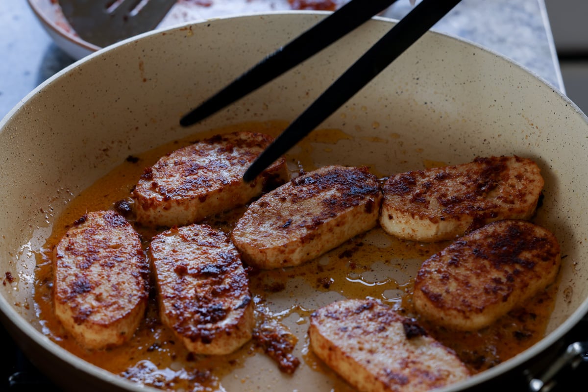 crisped up tofu in the pan