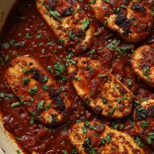 close-up of pan of peri peri chicken