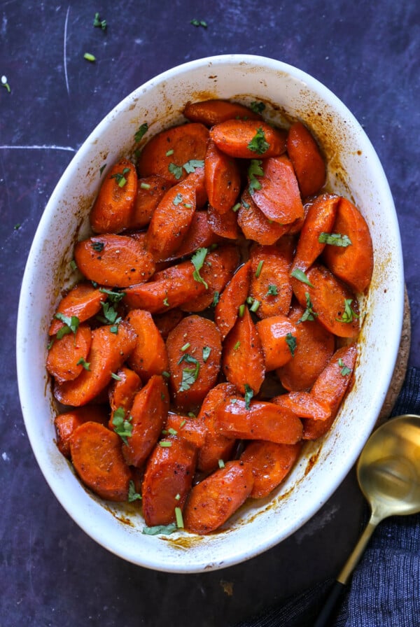 spiced glazed carrots in the baking dish