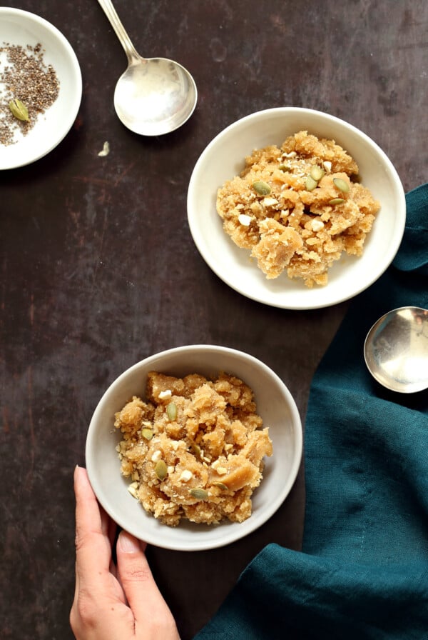 Vegan Almond Halwa - Instant Pot Badam Halwa in white and grey bowls