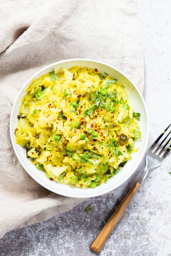 Instant Pot Indian Cabbage and Peas in a white bowl