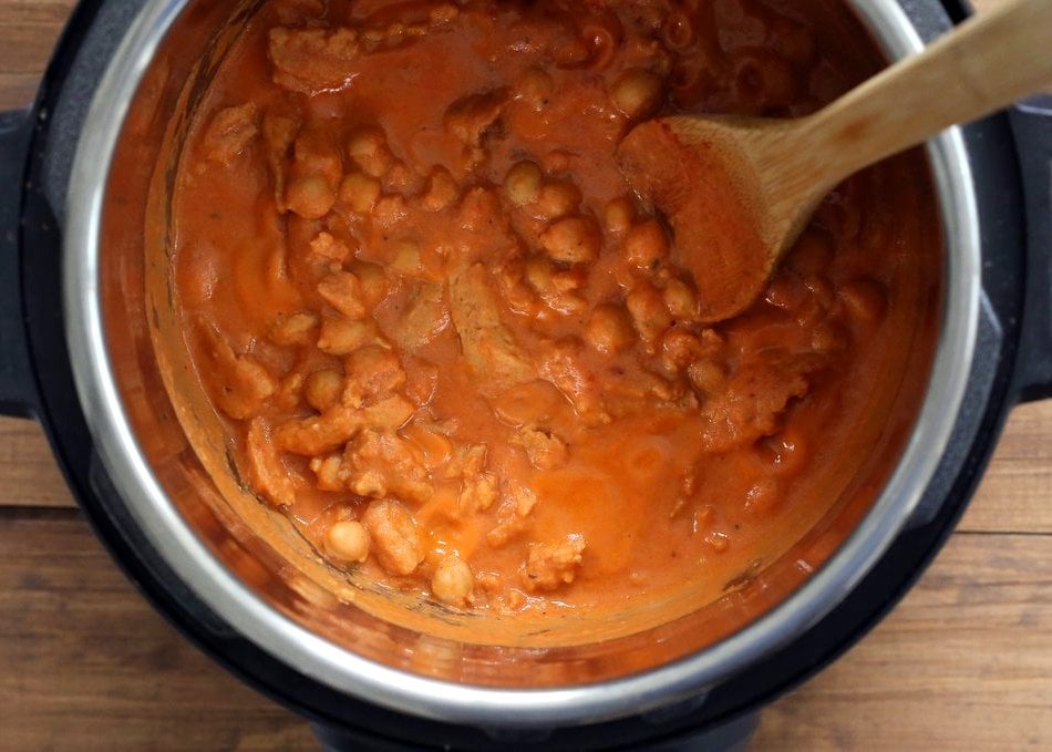 Instant Pot Vegan Butter Chicken with Soycurls and Chickpeas. 15 minute Active time! 1 Pot Creamy Butter Soy Curls. Use all chickpeas for soy-free. Vegan Gluten-free Recipe. Nut-free option | VeganRicha.com