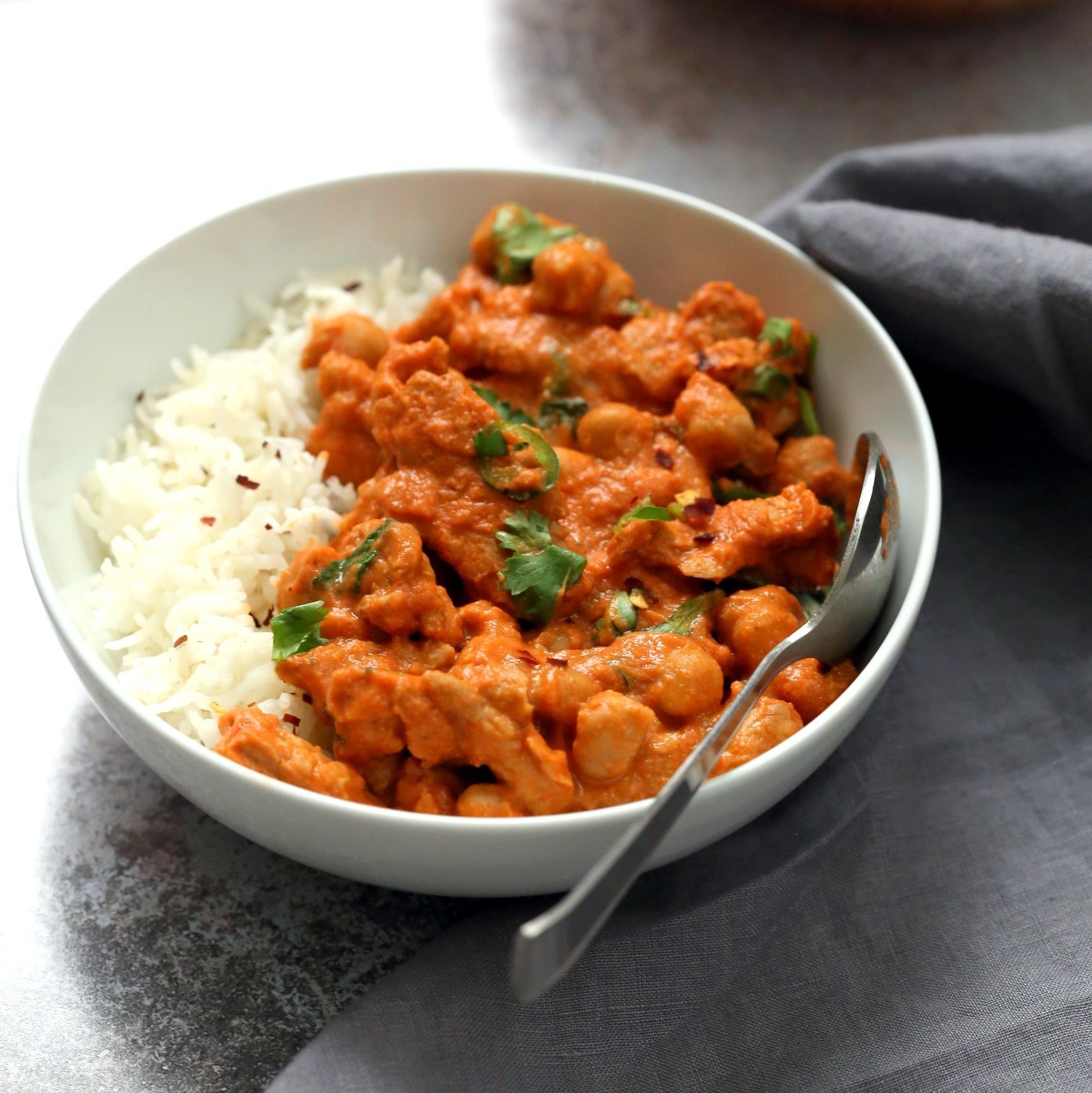 Instant Pot Vegan Butter Chicken with Soycurls and Chickpeas. 15 minute Active time! 1 Pot Creamy Butter Soy Curls. Use all chickpeas for soy-free. Vegan Gluten-free Recipe. Nut-free option | VeganRicha.com