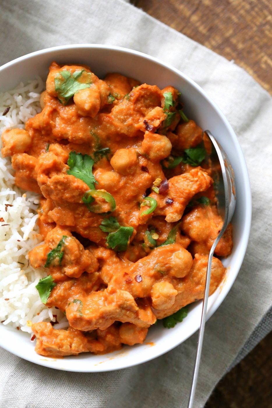 Instant Pot Vegan Butter Chicken with Soycurls and Chickpeas. 15 minute Active time! 1 Pot Creamy Butter Soy Curls. Use all chickpeas for soy-free. Vegan Gluten-free Recipe. Nut-free option | VeganRicha.com