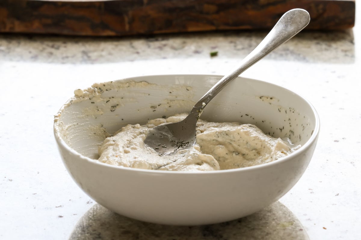 jalapeño popper dip ingredients in the bowl after mixing