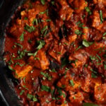 close-up of kosha mangsho in the pan