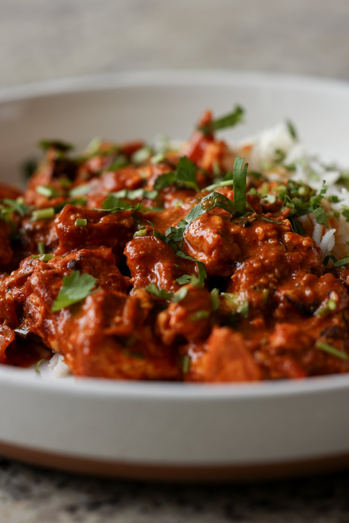 close-up of kosha mangsho on a plate with rice