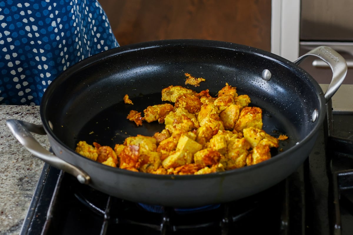 Browned tofu in the pan