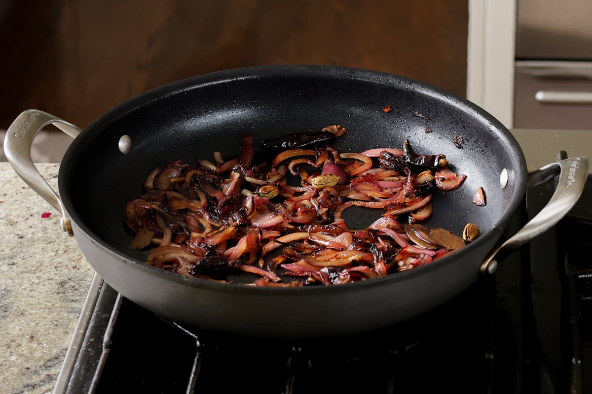 browned onions in the pan