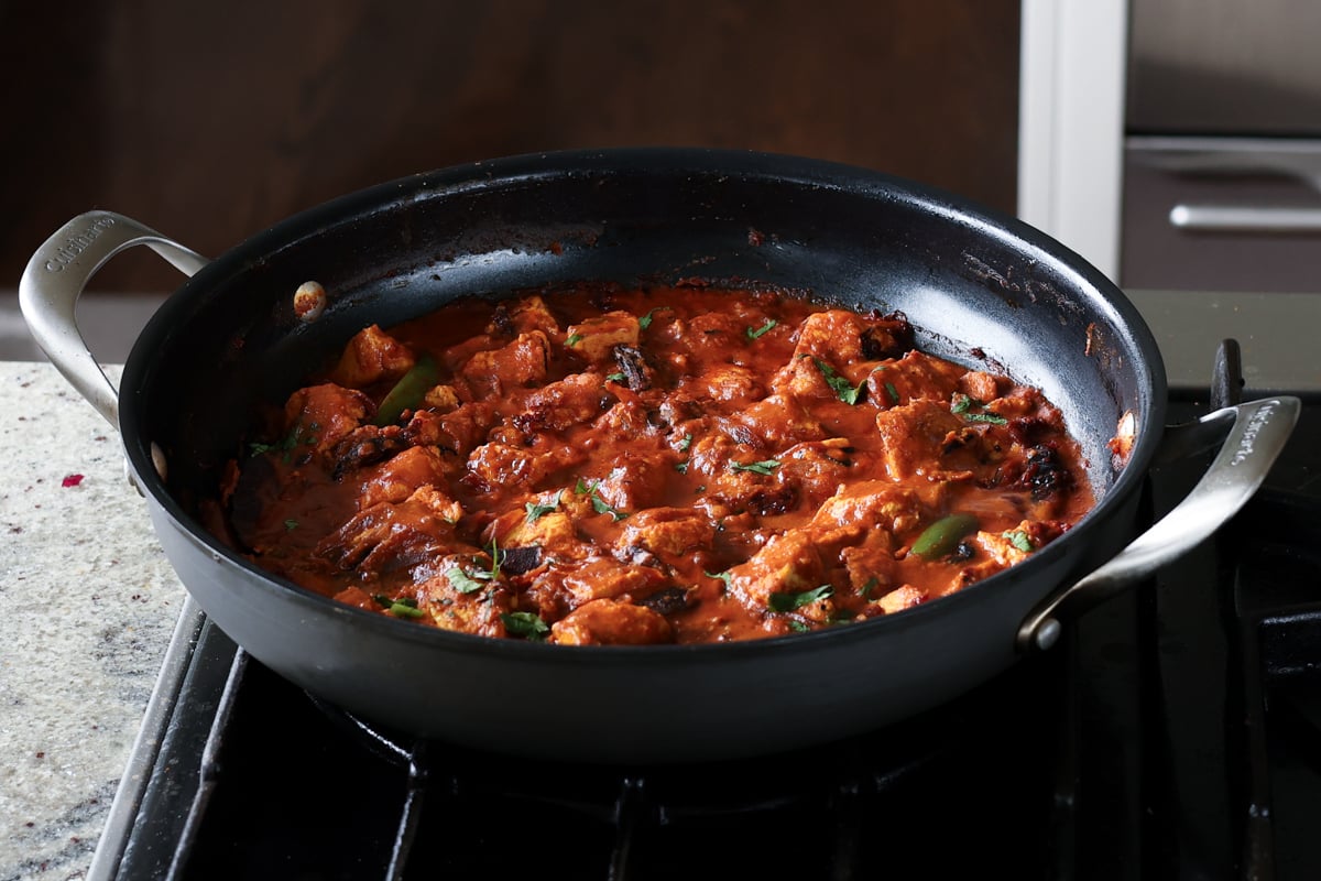 kosha mangsho in the pan after simmering