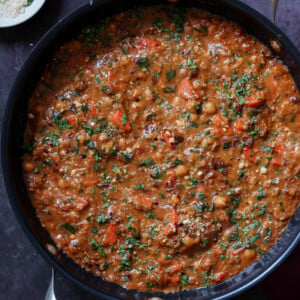 lentil chickpea stew in the pan after cooking