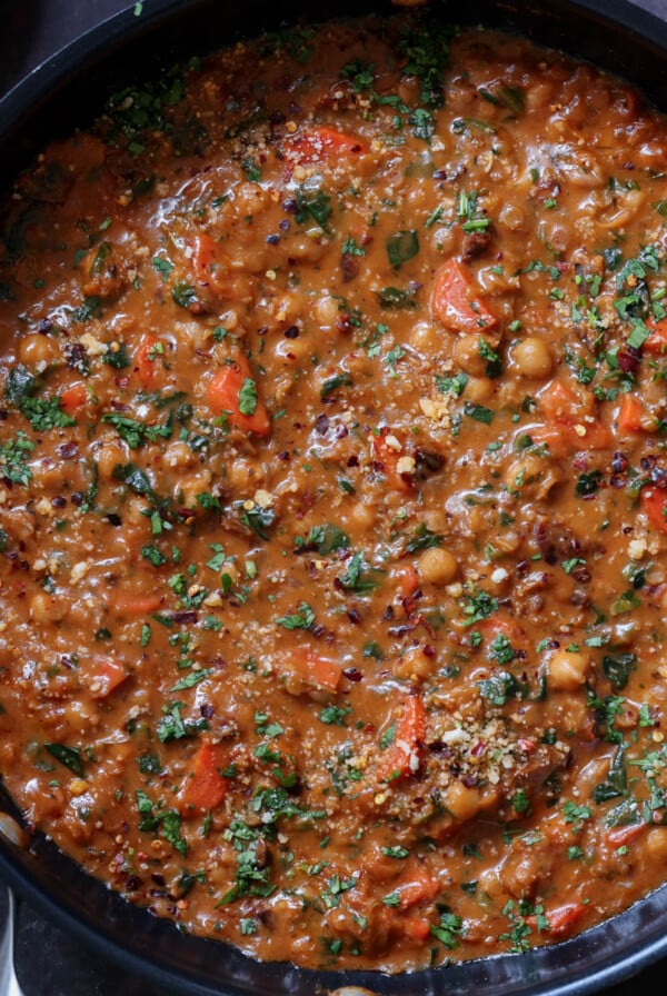 lentil chickpea stew in the pan after cooking