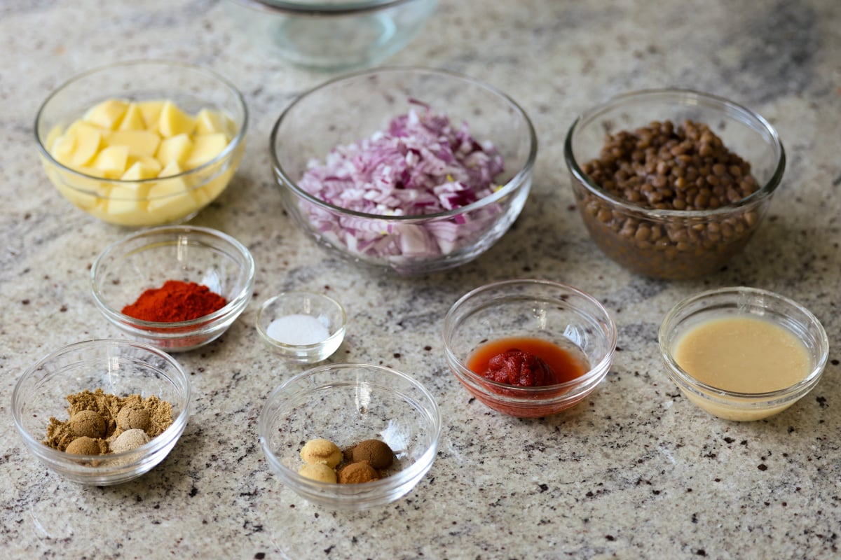 lentils vindaloo ingredients on the kitchen counter