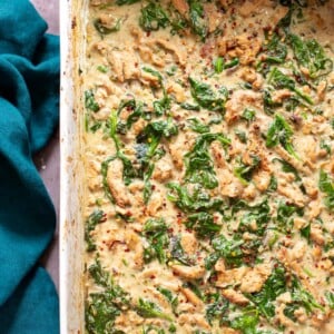 baked Indian spinach curry with soy curls in the pan