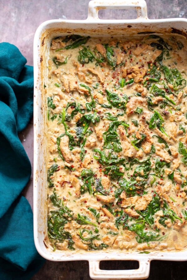 baked Indian spinach curry with soy curls in the pan