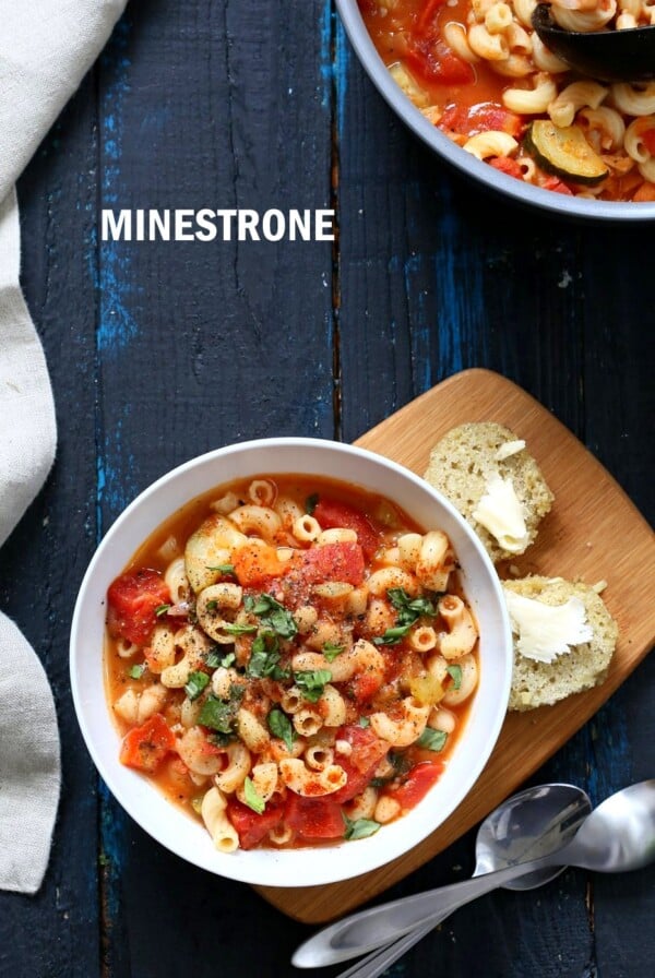 Vegan Minestrone - White Bean Soup with Elbows, Veggies, Basil and vegan parmesan. Can be gluten-free, nut-free. Soy-free Vegan Dairy-free Recipe | VeganRicha.com #glutenfree #veganricha #vegan