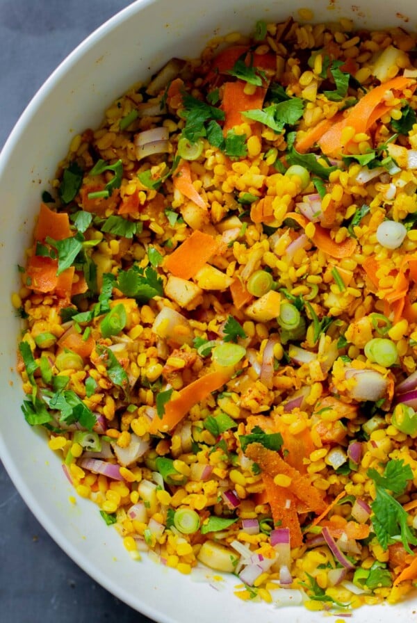 close-up of the serving bowl of moong dal chaat salad