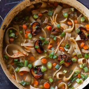 mushroom noodle soup in the pan