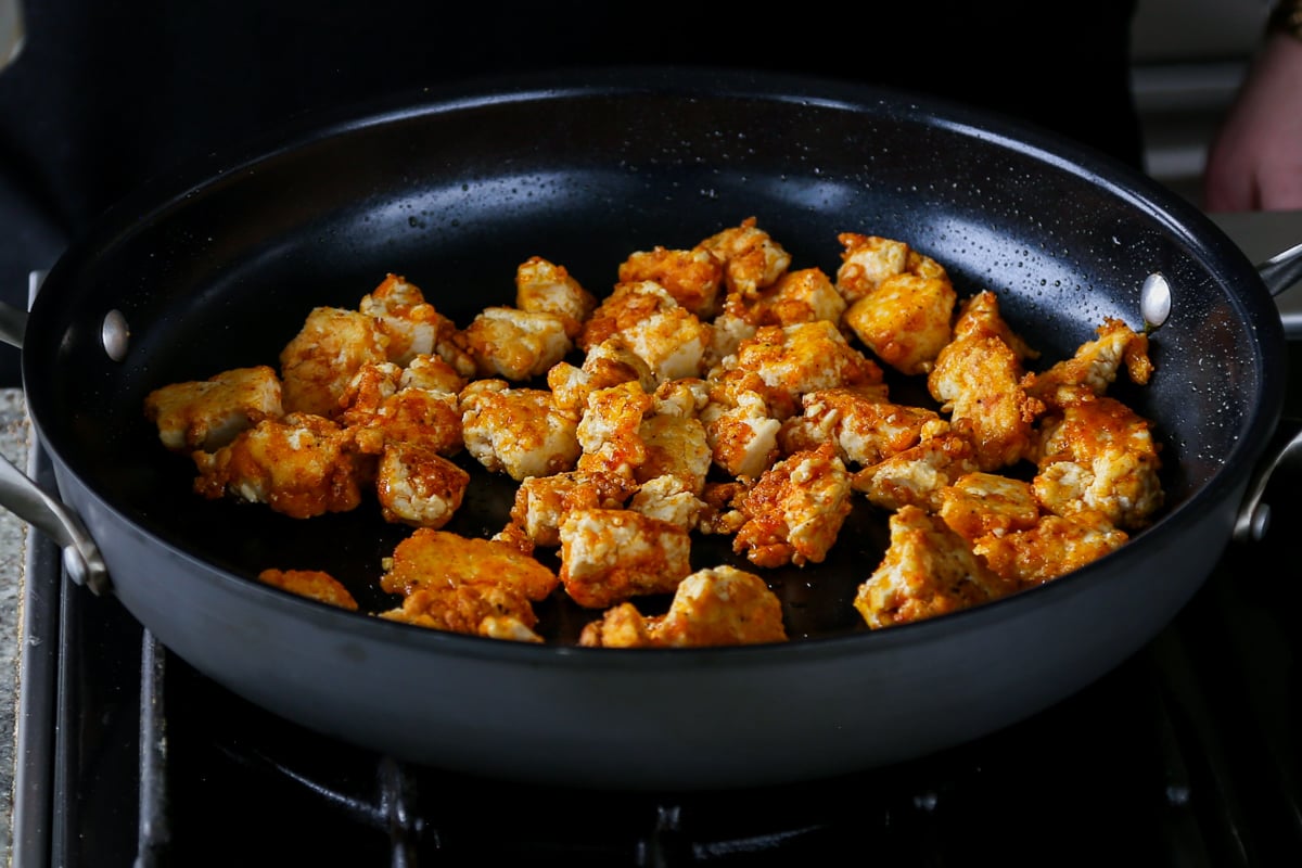 tofu in the pan after cooking