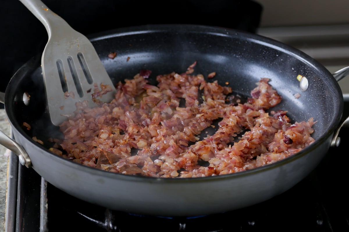 onion in the pan after browning