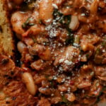 close-up of vegan sausage pasta sauce on the plate