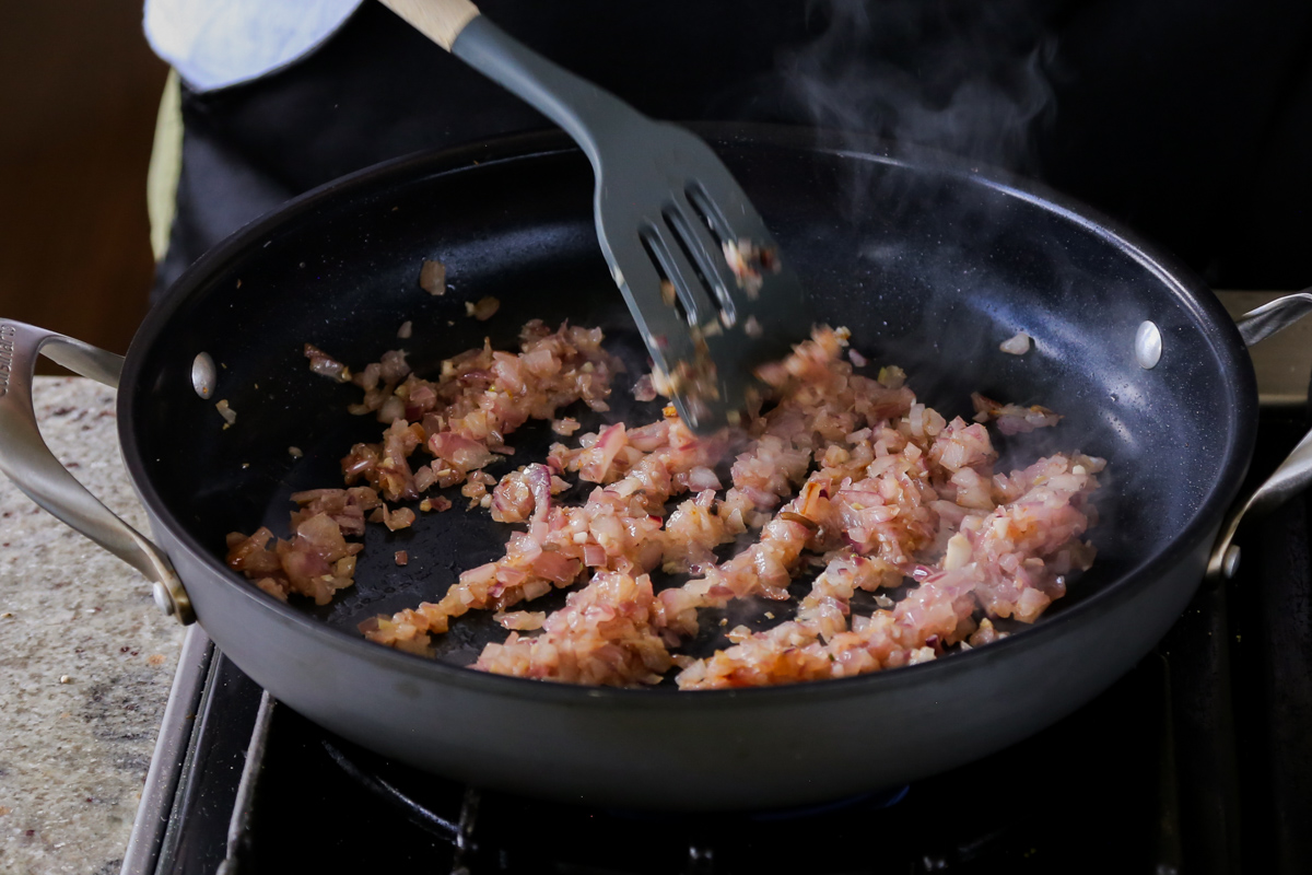 cooked onion and garlic in the pan