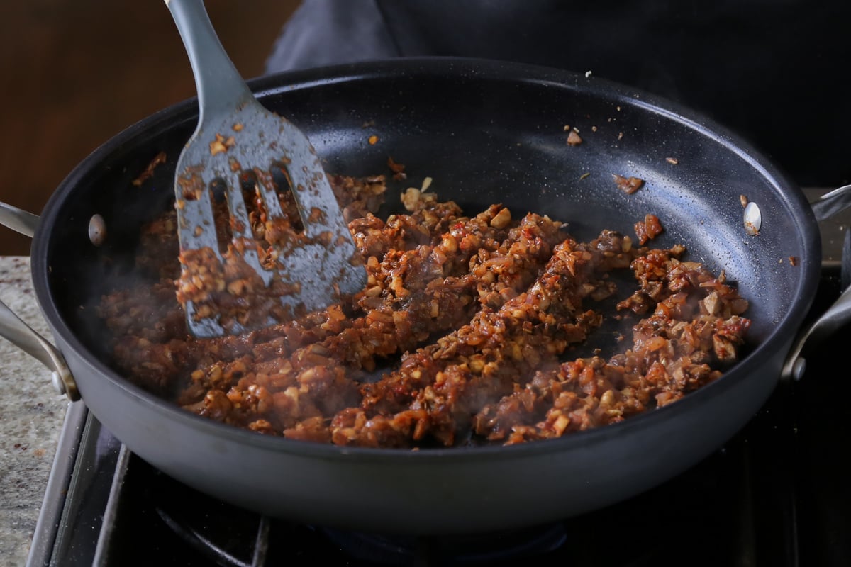 vegan sausage in the pan, after cooking