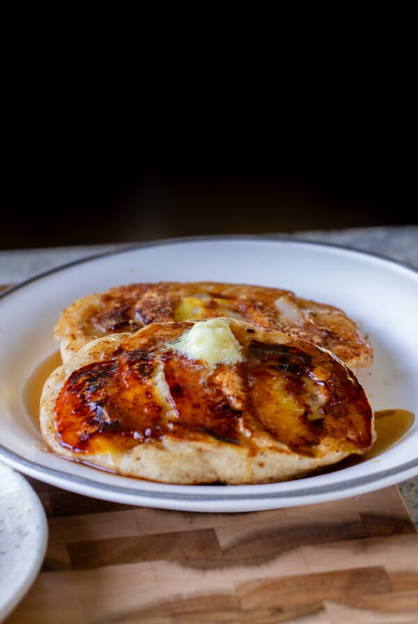 a plate of peach upside-down pancakes