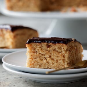 slice of peanut butter cake with chocolate peanut butter glaze