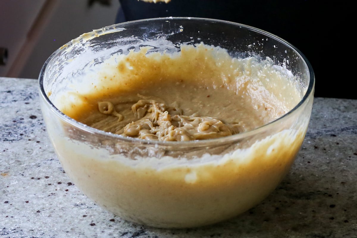 peanut butter cake batter in the bowl after mixing