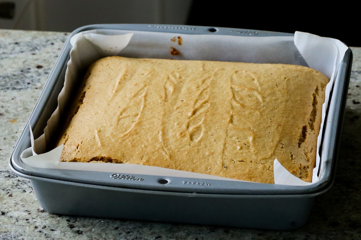 peanut butter cake in the pan after baking