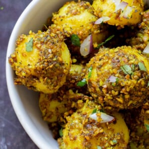 close-up of peanut sesame potatoes in a bowl