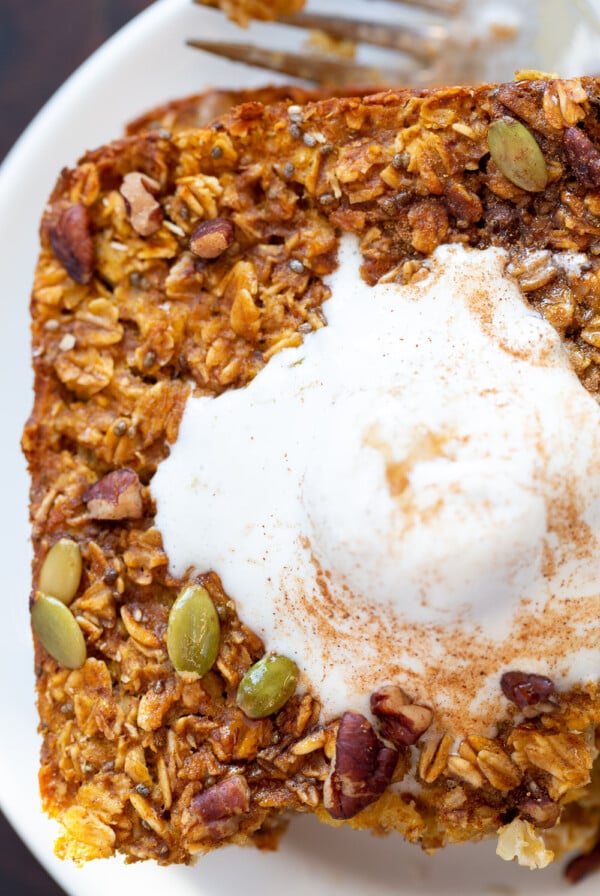 Our Vegan Pumpkin Baked Oatmeal on white plate