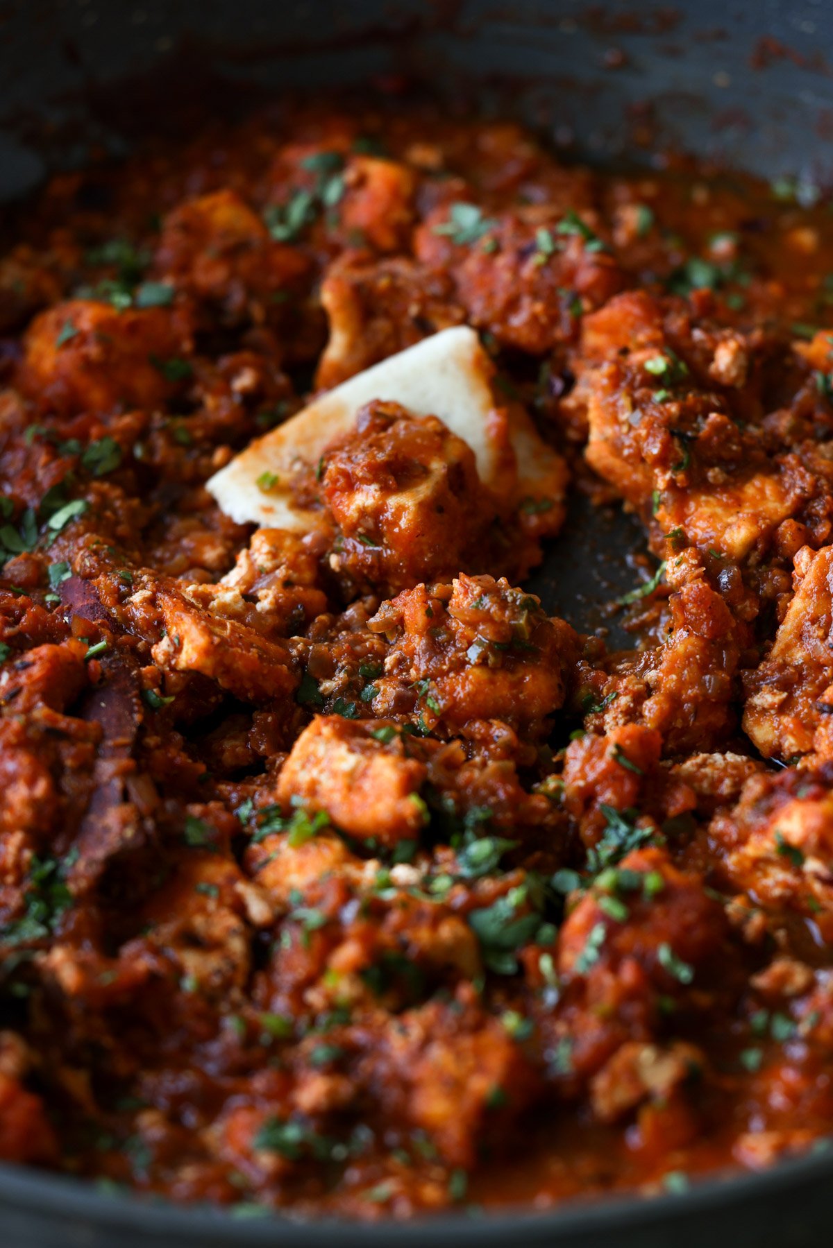 close-up of rara chicken curry in the pan with a piece of flatbread