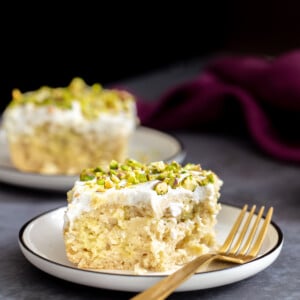 a slice of vegan ras malai tres leches cake