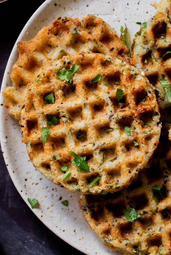 close-up of rava idli waffles on the plate