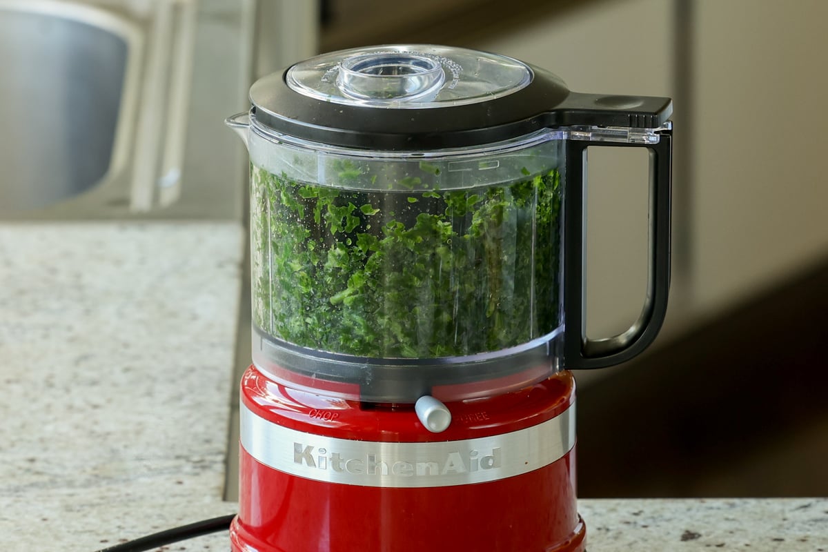 chopping spinach in the food processor