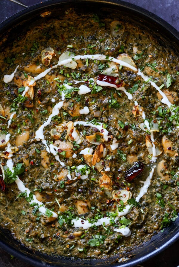 saag butter beans in the pan after cooking