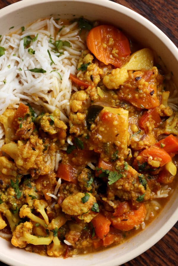 close-up of Sindhi kadhi in a bowl with rice