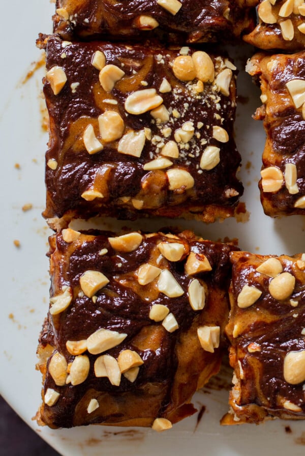 overhead shot of the Snickers cake, so you can see the toppings