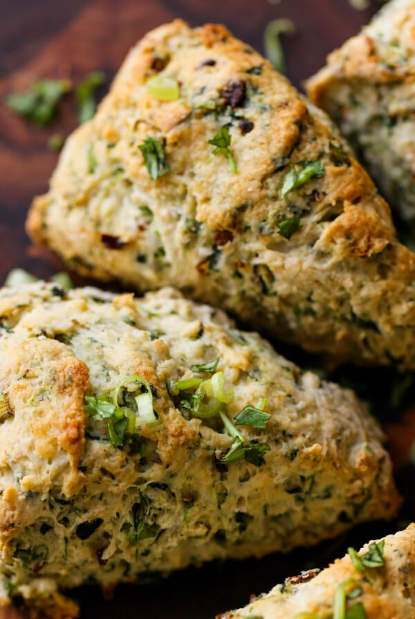 vegan spinach and cheese savory scones on a serving tray